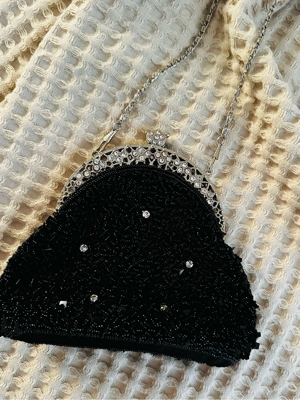 Elegant Black Beaded Evening Bag with Silver Accents-Vintage